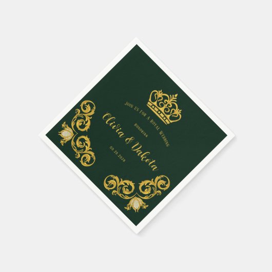 グリーンと金ゴールド王室のクラウン結婚ズ・ナプキン スタンダードカクテルナプキン (角)