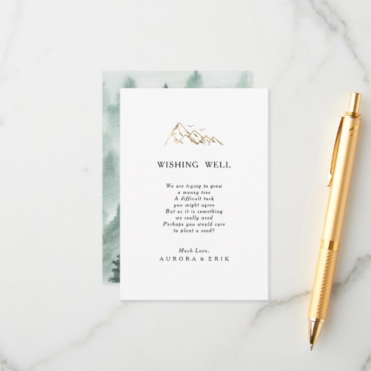グリーンと金ゴールド結婚マウンテンのウィッシングウェルカード エンクロージャーカード (正面/裏面インサイチュ)