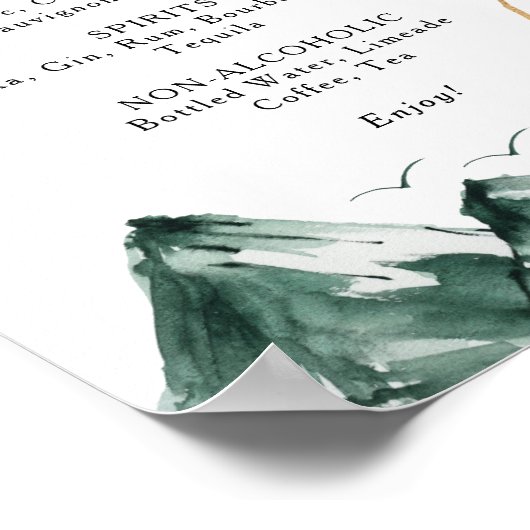 グリーンと金ゴールド結婚マウンテンのドリンクのメニューサイン ポスター (角)