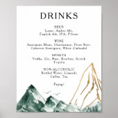 グリーンと金ゴールド結婚マウンテンのドリンクのメニューサイン ポスター (正面)