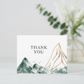 グリーンと金ゴールド結婚マウンテンの感謝はがき ポストカード (スタンド正面)