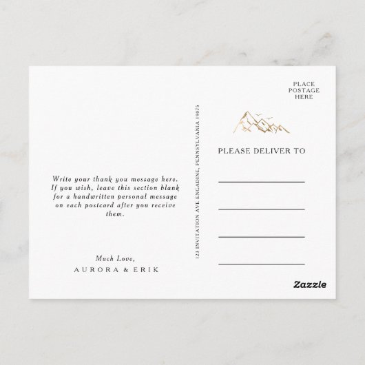 グリーンと金ゴールド結婚マウンテンの感謝はがき ポストカード (裏面)