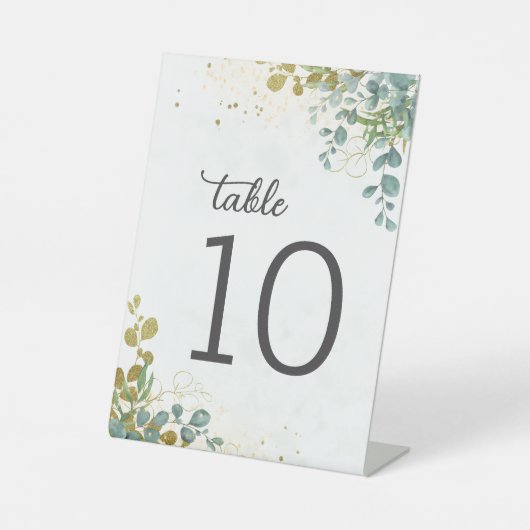 グリーンと金ゴールド結婚ユーカリの表番号 台座サイン (正面)