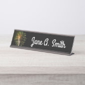 グリーンと金ゴールド花火ホリデーお祝い デスクネームプレート (正面)