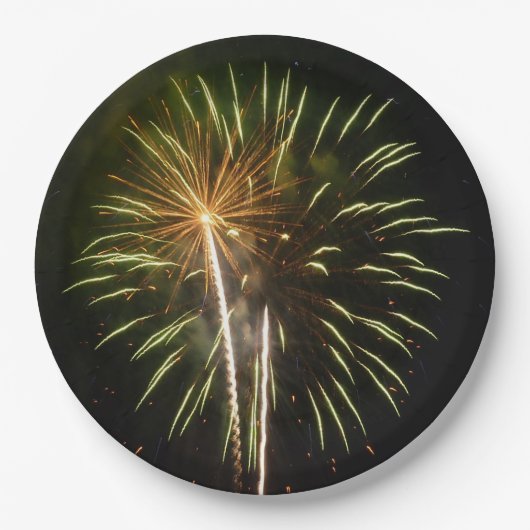 グリーンと金ゴールド花火ホリデーお祝い ペーパープレート (正面)
