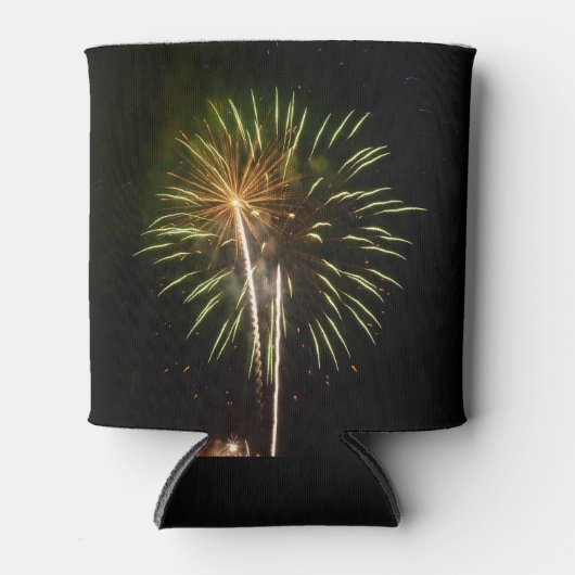 グリーンと金ゴールド花火ホリデーお祝い 缶クーラー (正面)