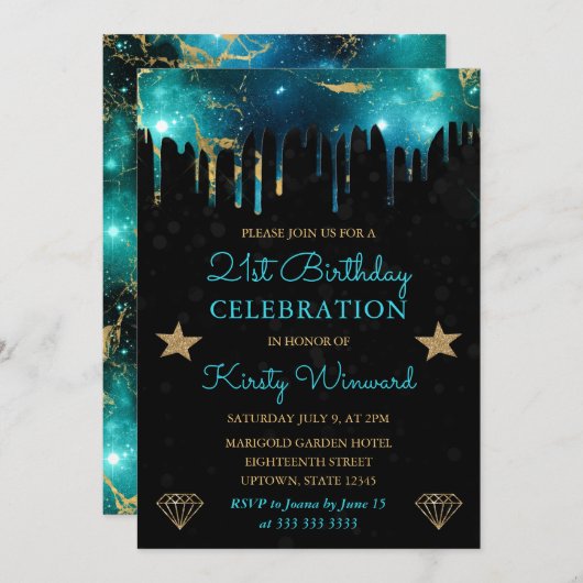 グリーンと金ゴールド銀河系大理石21st誕生日 招待状 (正面/裏面)