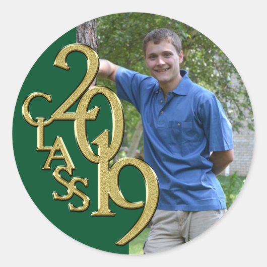 グリーンと金ゴールド2019年卒業クラスと写真 ラウンドシール (正面)