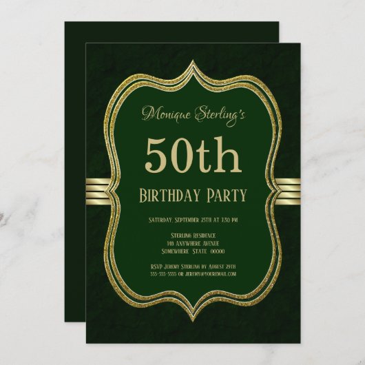 グリーンと金ゴールド50th誕生日パーティー 招待状 (正面/裏面)