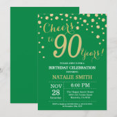 グリーンと金ゴールド90誕生日ダイヤモンド 招待状 (正面/裏面)