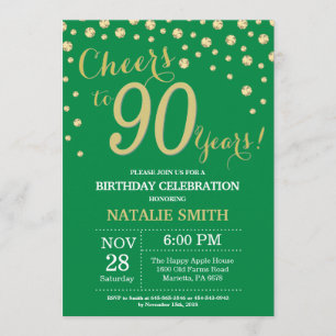 グリーンと金ゴールド90誕生日ダイヤモンド 招待状