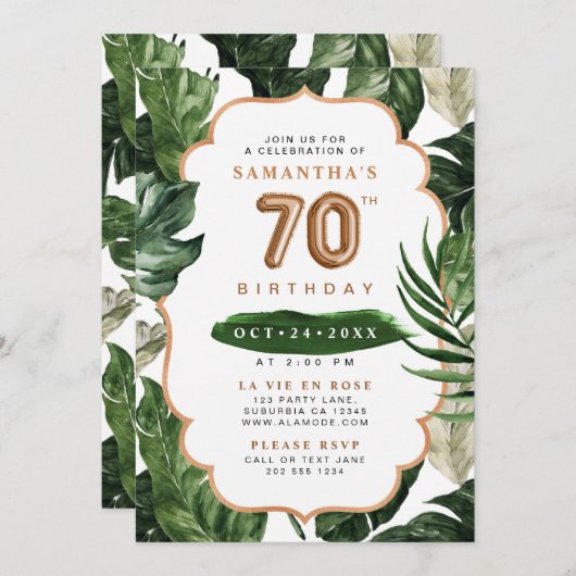グリーンと銅トロピカル葉誕生日70 招待状 (正面/裏面)