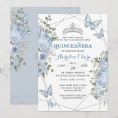 グリーンと青の花と蝶の16歳の誕生日パーティー 招待状 (正面/裏面)