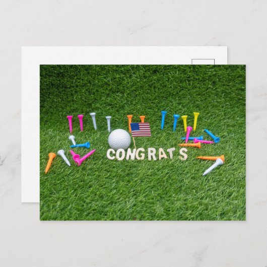 グリーンにアメリカ国旗を掲げたゴルフおめでとう ポストカード (正面/裏面)