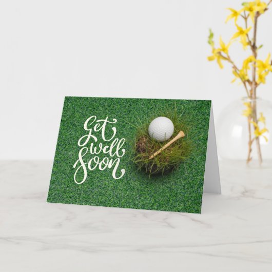 グリーンにゴルフボールを付けてゴルフを楽しむ カード (黄色い花)