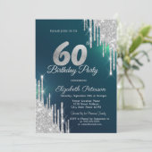 グリーンにシルバーグリッターが垂れたデザインの60歳の誕生日 招待状 (スタンド正面)