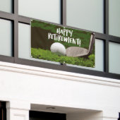 グリーンにボールとアイロンを付けたゴルフリタイア 横断幕 (ビルの外側)