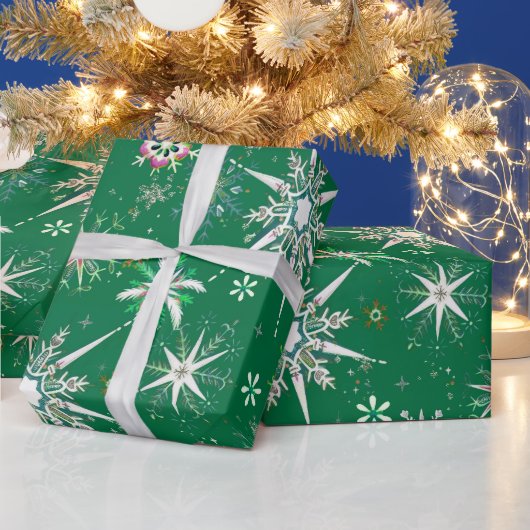 グリーンにミッドセンチュリーの雪の結晶がたくさん ラッピングペーパー (クリスマス)