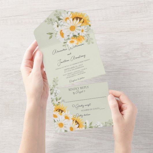 グリーンに咲く野原のデイジーとひまわり オールインワン招待状 (貼ってはがせる)
