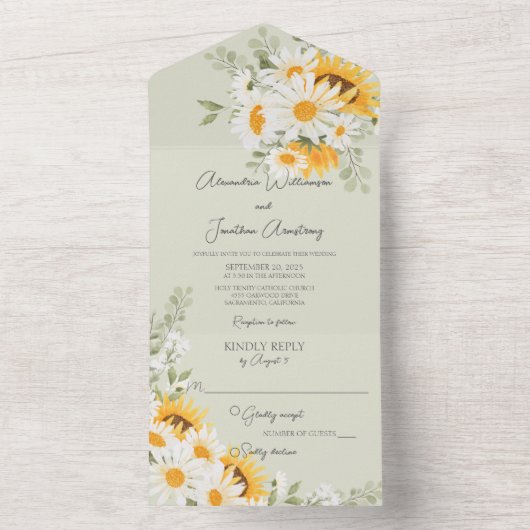 グリーンに咲く野原のデイジーとひまわり オールインワン招待状 (内側)