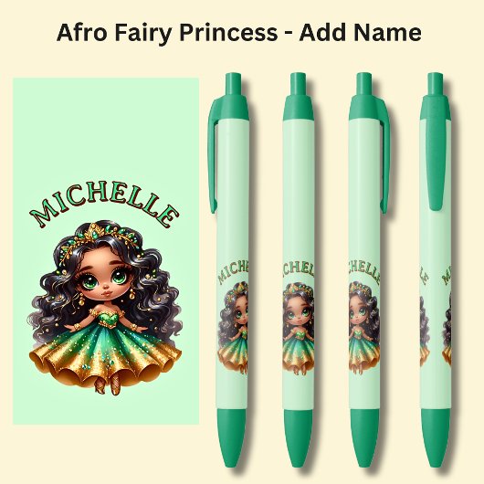 グリーンに宝石を付けたAfro Fairyプリンセスの名前を追加 黒ボールペン