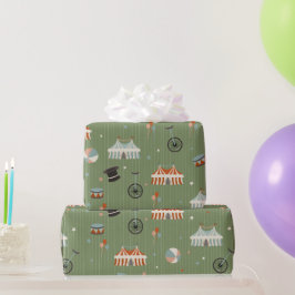グリーンに映えるウィンテージ サーカスの子供の誕生日 ラッピングペーパー