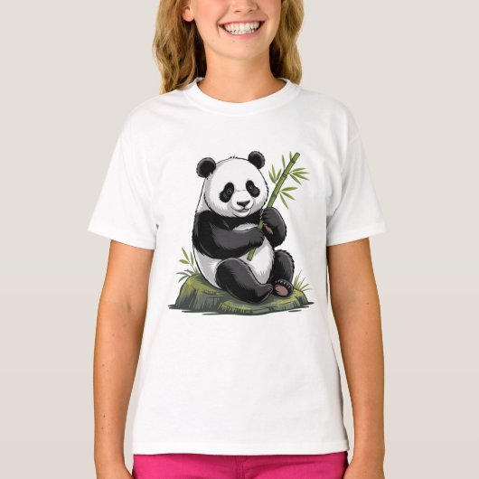 グリーンのかぐや竹と一緒にかわいいパンダ Tシャツ (正面)