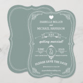 グリーンのアンティークスクロールがデザインされたウェディングの「結婚式の1日を大切に」 セーブザデート (正面/裏面)