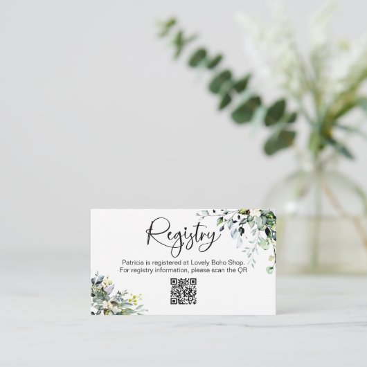 グリーンのウェディングシャワー ギフトレジストリーQRカード エンクロージャーカード (スタンド正面)
