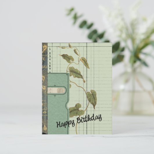 グリーンのエフェメラコラージュお誕生日おめでとう ポストカード (スタンド正面)