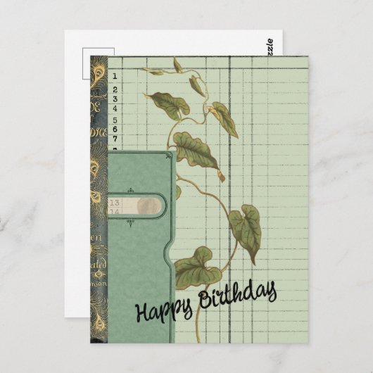グリーンのエフェメラコラージュお誕生日おめでとう ポストカード (正面/裏面)
