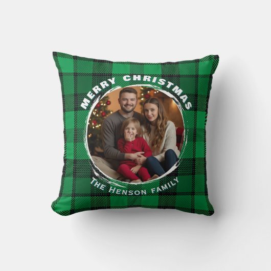 グリーンのオーダーメイド家族写真チェック柄  クッション (正面)