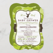 グリーンのカモフラージュと鹿のイラスト付き；男の子のベビーシャワー招待状 招待状 (正面/裏面)