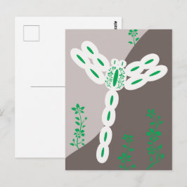 グリーンのカラースプラッシュで飛ぶ花柄のトンボ ポストカード