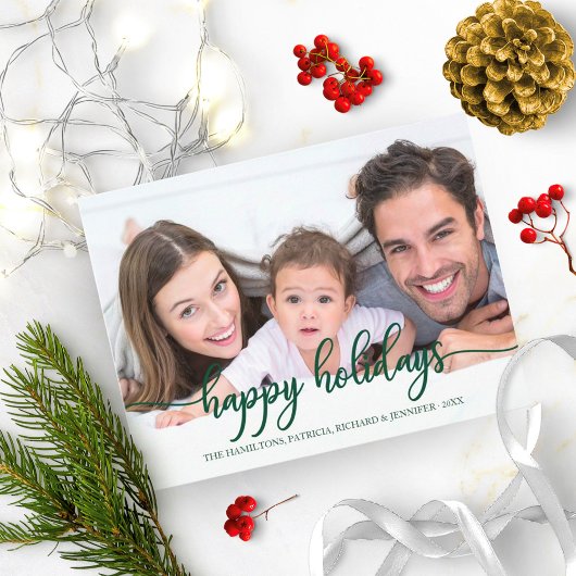 グリーンのカリグラフィーが印象的なクリスマス 写真入り ポストカード