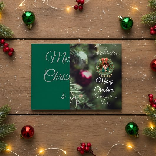 グリーンのクリスマスカード 家族の写真付き 招待状