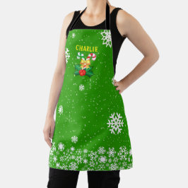 グリーンのクリスマスキャンディ&スノーフレーク エプロン