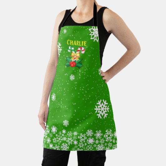 グリーンのクリスマスキャンディ&スノーフレーク エプロン (インサイチュ)