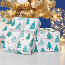 グリーンのクリスマスツリーの冬の森の模様 ラッピングペーパー
