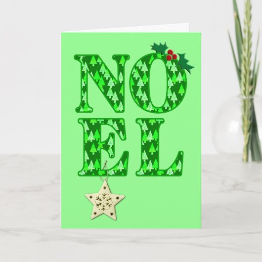 グリーンのクリスマスツリーパターンが特徴のNOEL シーズンカード (正面)