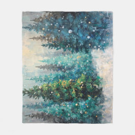 グリーンのクリスマスツリー 冬の森 フリースブランケット