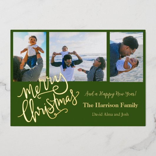 グリーンのクリスマス ゴールドパーソナライズフォト 箔シーズンカード (正面)