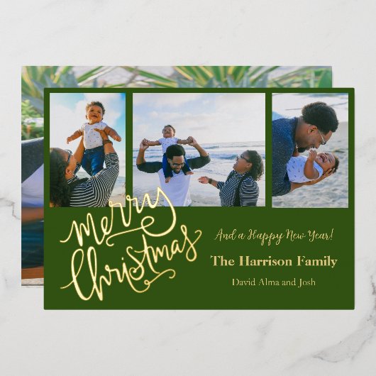 グリーンのクリスマス　パーソナライズ　ゴールド写真 箔シーズンカード (正面/裏面)