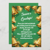 グリーンのクリスマス パーティーでのゴールドのベル 招待状 (正面/裏面)