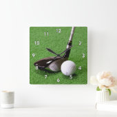 グリーンのゴルフクラブとゴルフボール スクエア壁時計 (ホーム)
