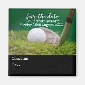 グリーンのゴルフクラブを持つゴルフボールは日付を保存 マグネット (正面)