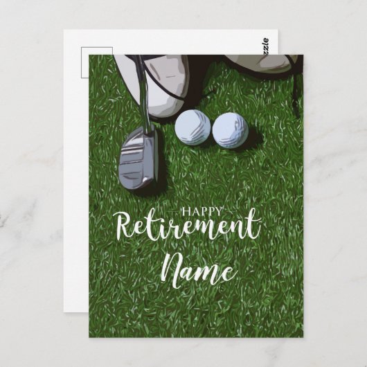 グリーンのゴルフボールとゴルフハッピーリタイアメント ポストカード (正面/裏面)
