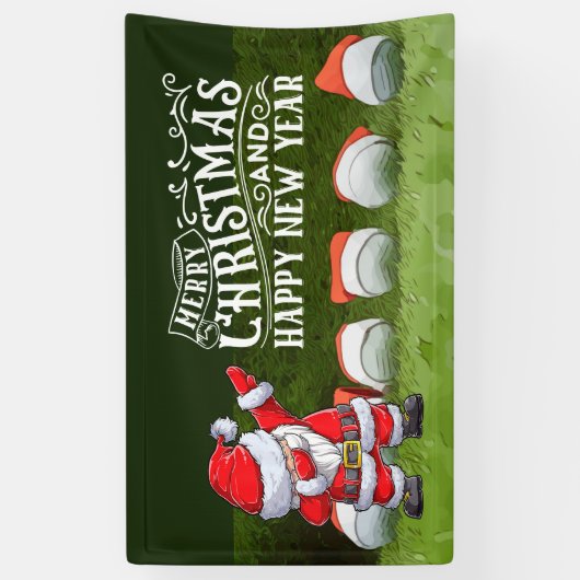 グリーンのゴルフメリークリスマスサンタクロースおもしろい 横断幕 (縦)