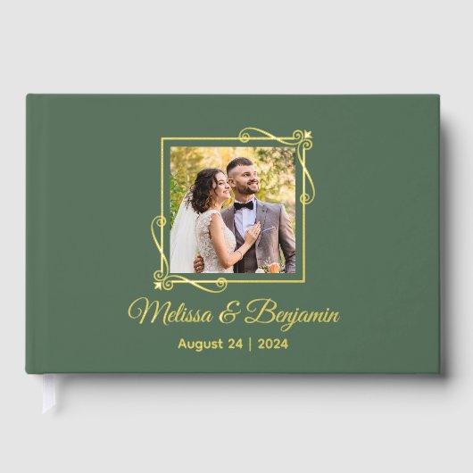 グリーンのゴールドフォイル結婚フレーム ゲストブック (正面)