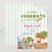 グリーンのストライプが秋の少年フィッシングベイビーシャワー 招待状 (正面/裏面)